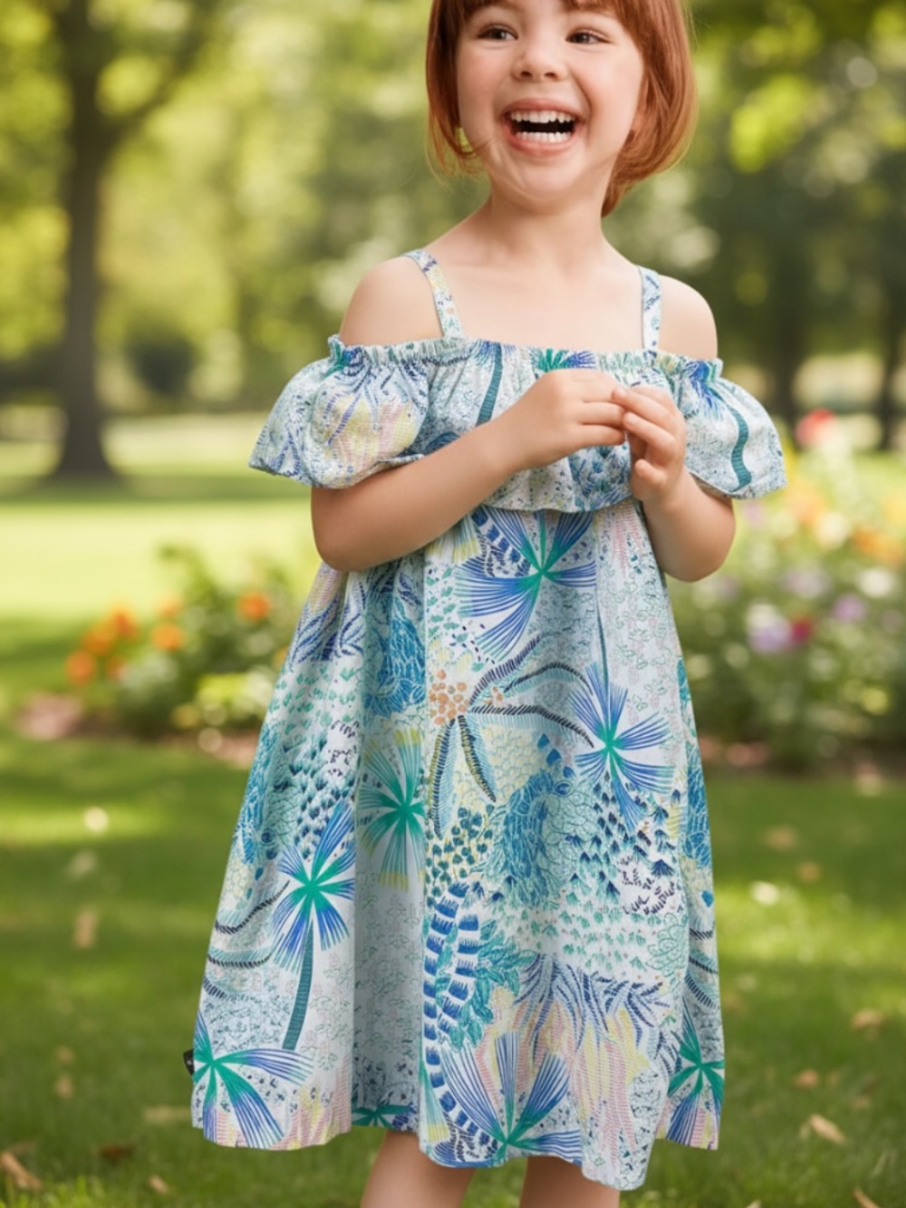 Tea Collection Dress Girls Sz 6 Tropical Resort Floral Blue Cold Shoulder
